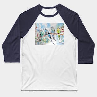 Colourful Budgies Budgerigars Sitting on A Branch Watercolor Painting Baseball T-Shirt